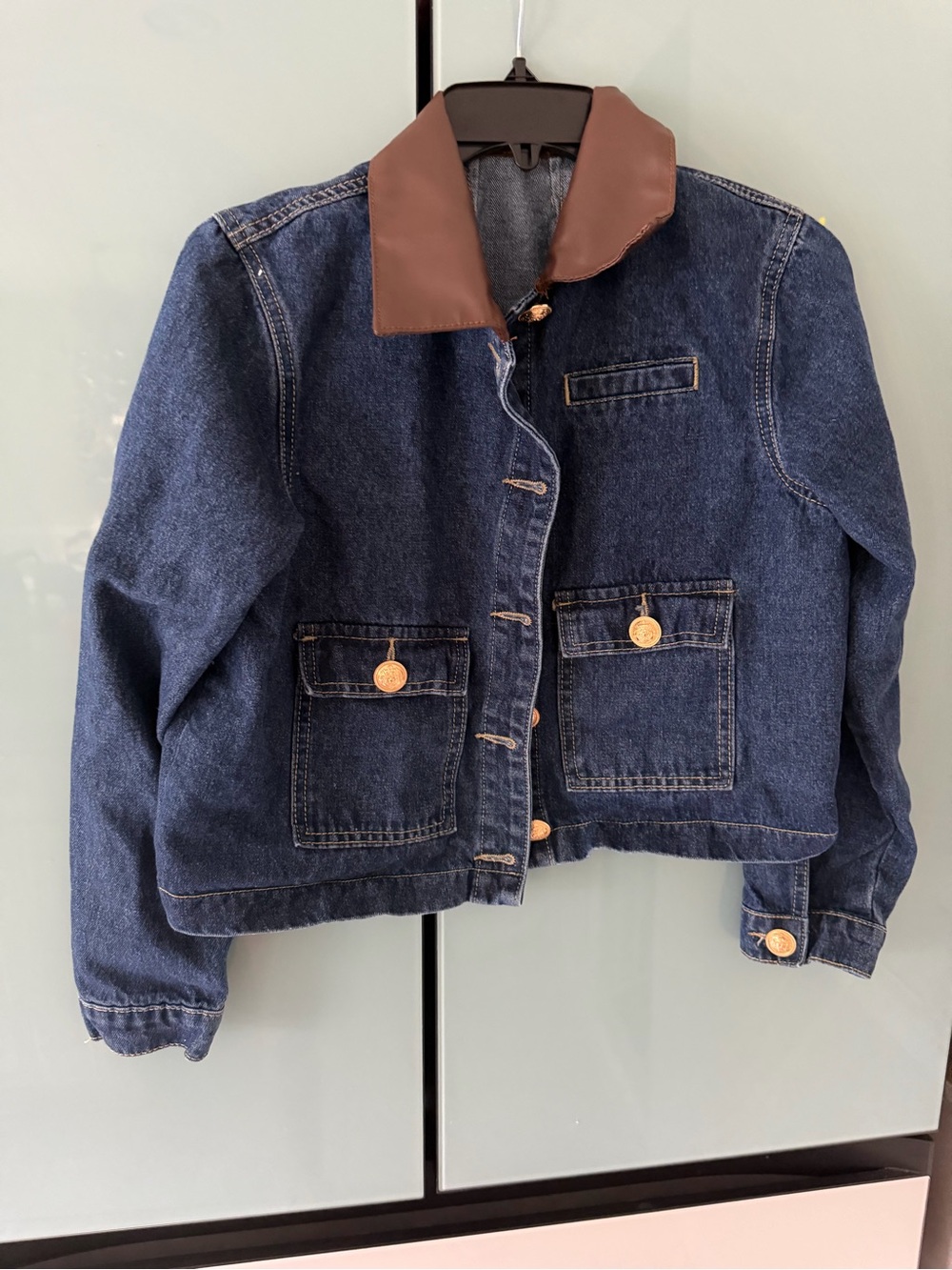 Women Denim Jacket with Brown Collar - Picture 2 of 4